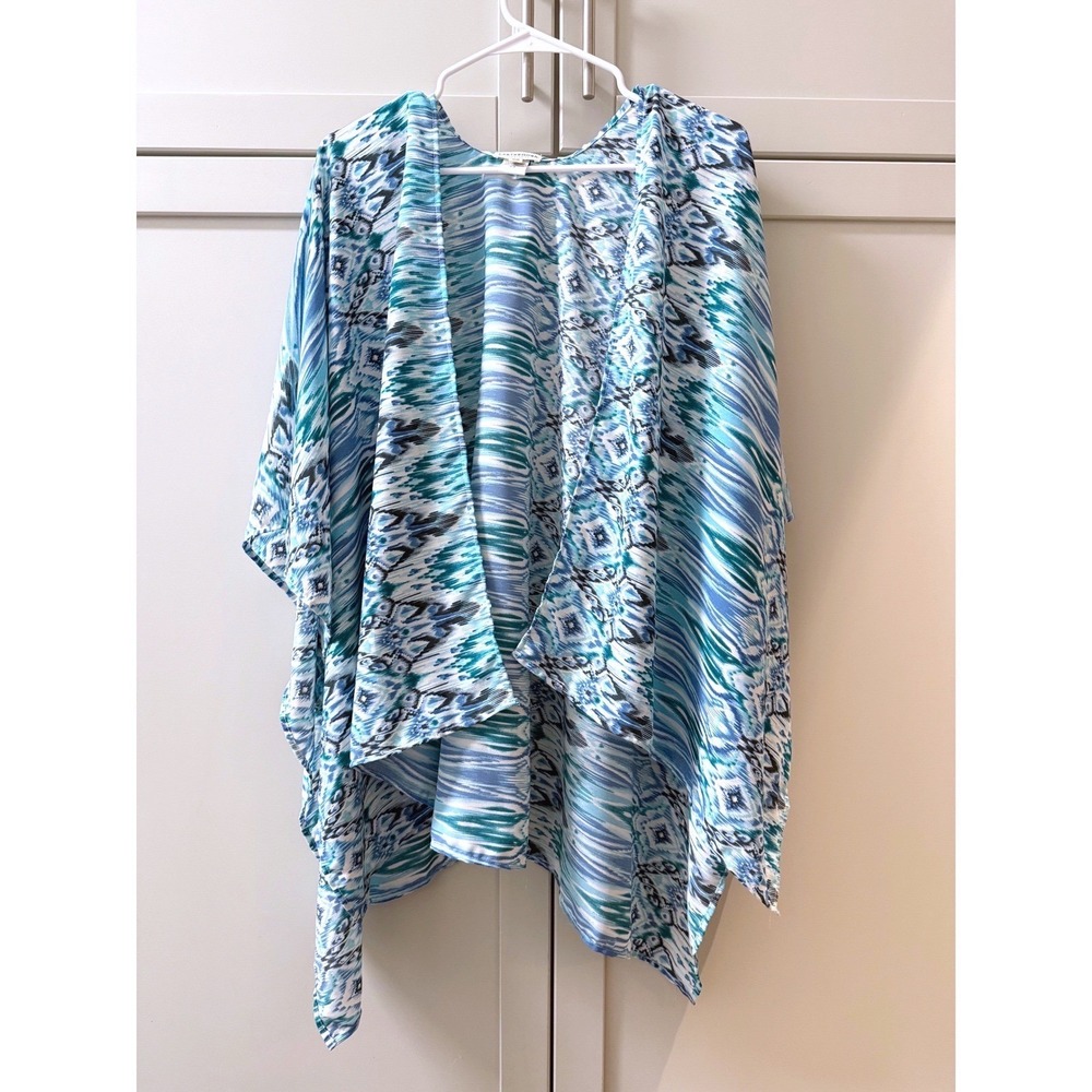 Earthbound Trading Co Blue Ikat Tribal Print Shawl Kimono Wrap One‎ Size